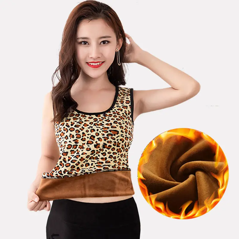 

Women 2022 Autumn Winter Warm Velvet Tank Tops Female Thermal Underwear Slim Thick Soft Tanks Leopard V Neck Sexy Vest Top H138