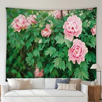 flowers tapestry wall hanging sunflower pink floral green leaves plant living room decor cloth dormitory bedroom bedside blanket