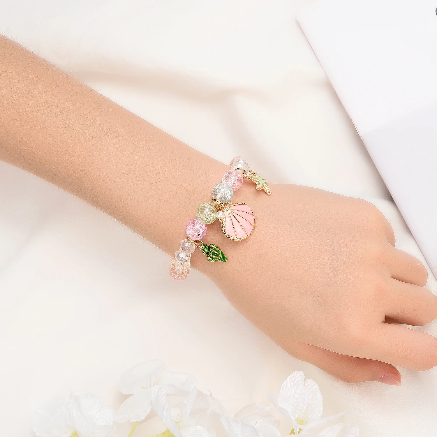 Lovely Glass Beads Stretch Bracelet with Shell Starfish and Conch Charms for Girls | Украшения и аксессуары