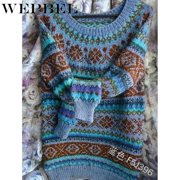 

Женский вязаный свитер WEPBEL с винтажным принтом, осенне-зимний модный Свободный пуловер с длинным рукавом и круглым вырезом