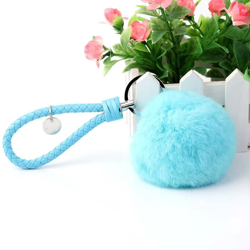 

Natural Rex Rabbit Fur Keychain Weave Leather Key Chain Fluffy Multicolor Pompom Women Trinket Car Bag Key Ring Jewelry Gift