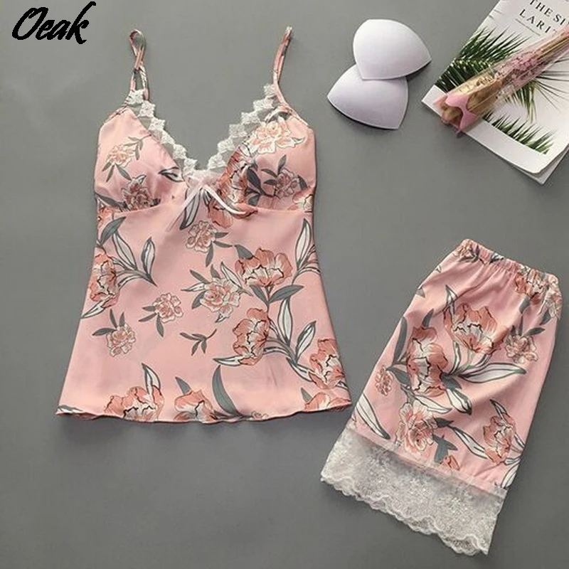 Комплект пижамный Oeak женский атласный одежда для сна кружевная Пижама без