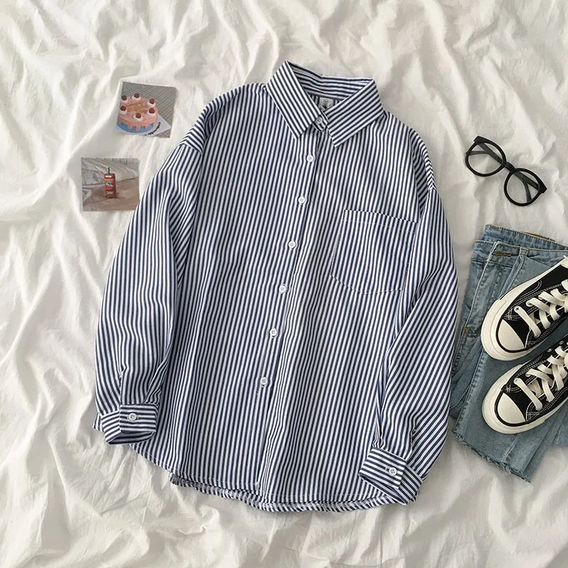 

Women's Shirt 2021 Spring New Vintage Baggy TOP Casual Simplicity Versatile Long Sleeves Lapel Femme Blue Stripe Blouse