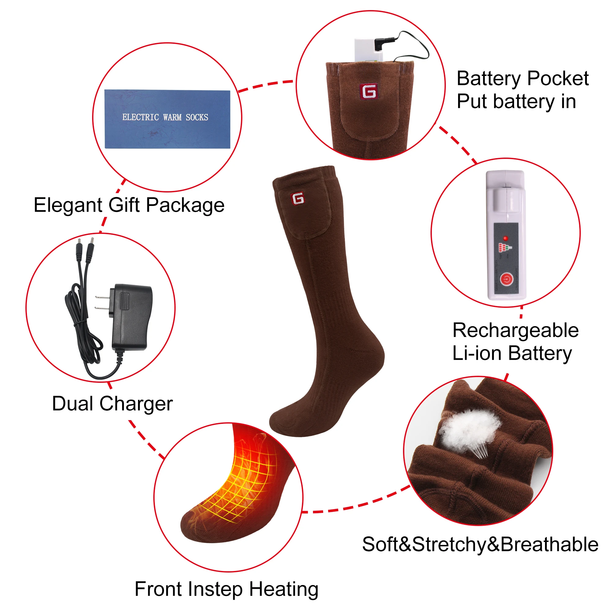 Женские и мужские зимние теплые носки с подогревом перезаряжаемой литий ионной