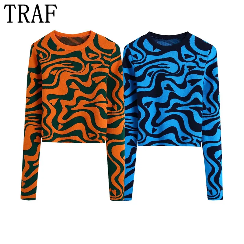 Женский жаккардовый свитер TRAF короткий вязаный Топ женский синий оранжевый