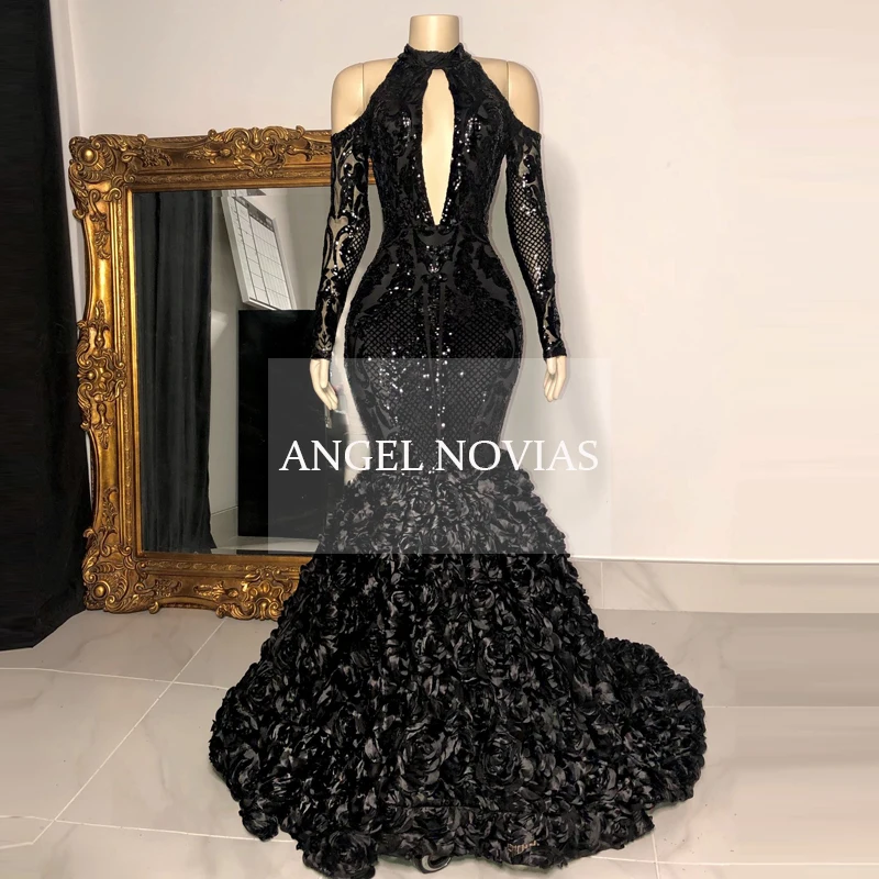 

Long Sleeves Black Mermaid Prom Dresses 2020 High Neck Formal Party Evening Dresses 2020
