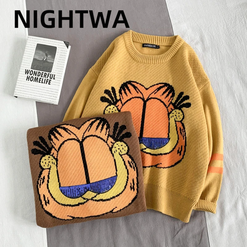 

NIGHTWA Sweater Women Harajuku Fashion Knitted Hip Hop Streetwear Cat Cartoon Pullover O-neck Oversize Casual Couple Sweaters