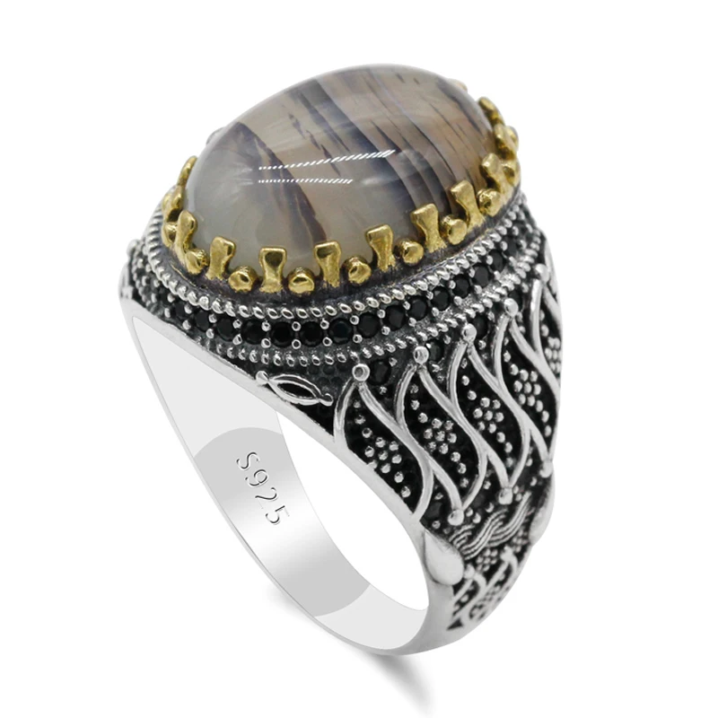 

Natural Agate Stone Ring for Men 925 Sterling Silver Vintage Black Zircon Male Rings Leaves Design Turkish Handmade Jewelry Gift