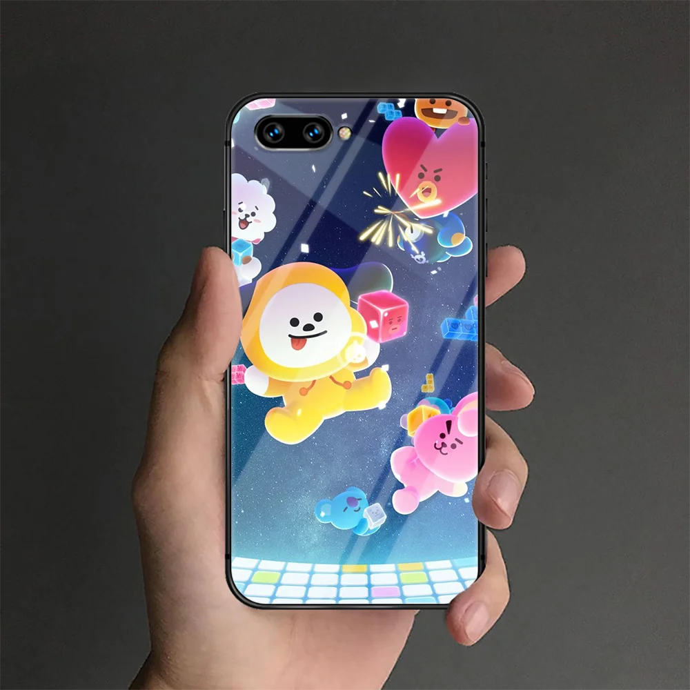 

Cute BT21 Cartoon Phone Tempered Glass Case Cover For Huawei Honor 7 8 9 10 20 A X I Lite Painting Luxury Waterproof