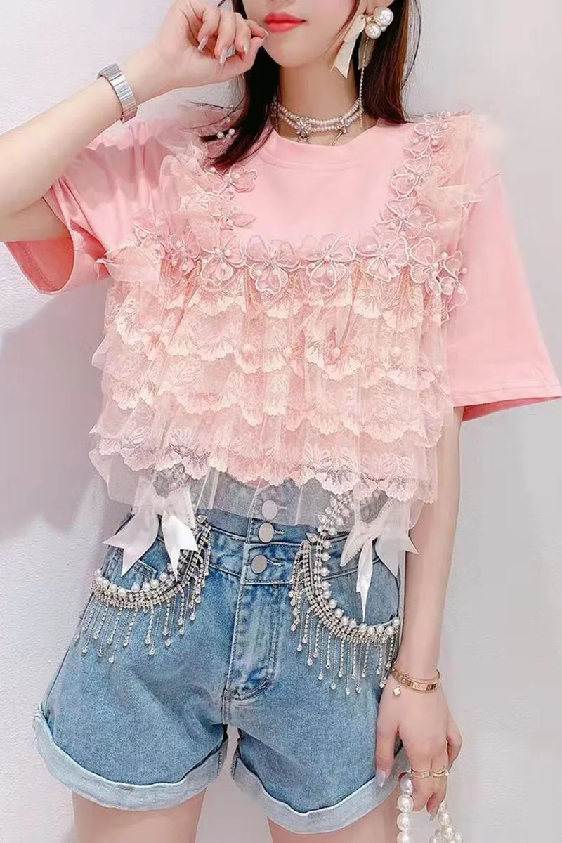 

2021 Summer Women Clothes New Three-Dimensional Flower Beaded Sweet Lace Patchwork Pullover Short-Sleeved T-shirt Loose Top