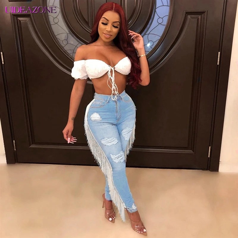 UIDEAZONE сексуальные женские летние джинсы с высокой талией рваные узкие джинсовые