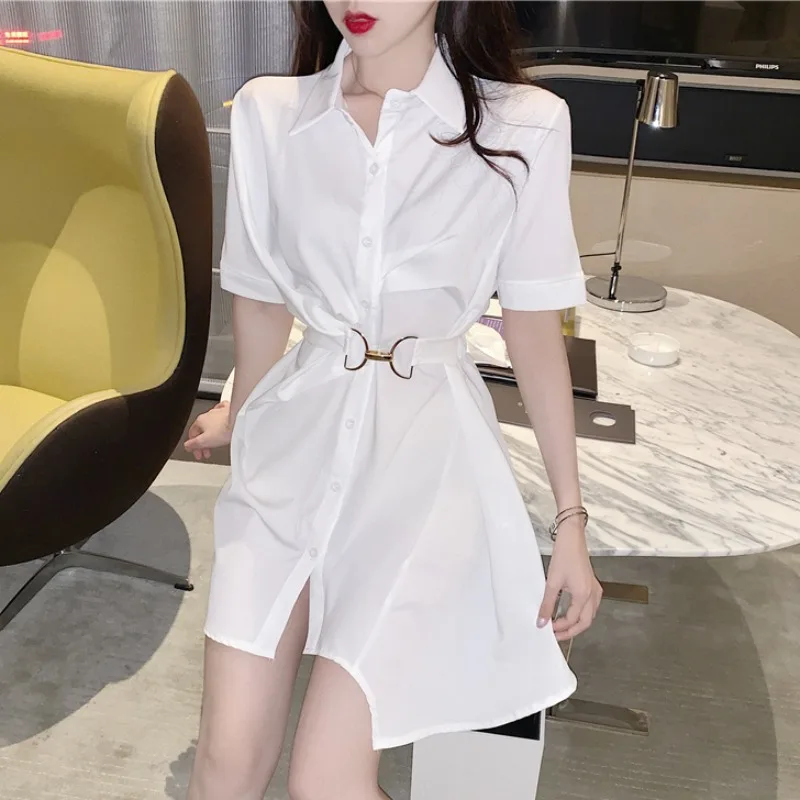 

Women Solid Casual Slim Buttons Short Sleeve Irregular Shirt Dress Office Ladies Summer Elegant Korean Sexy Mini Dress