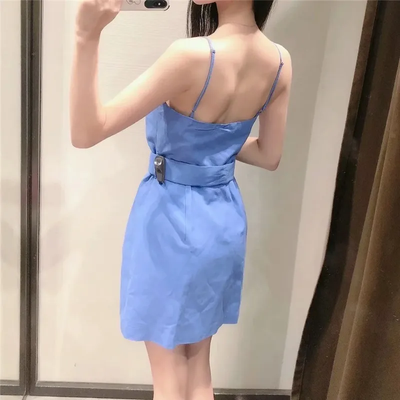 

NWOMN Za Blue Slip Dress Woman Summer Short Wrap Dress 2021 Fashion Belt Strap Elegant Dresses Women Backless Sexy Sundress