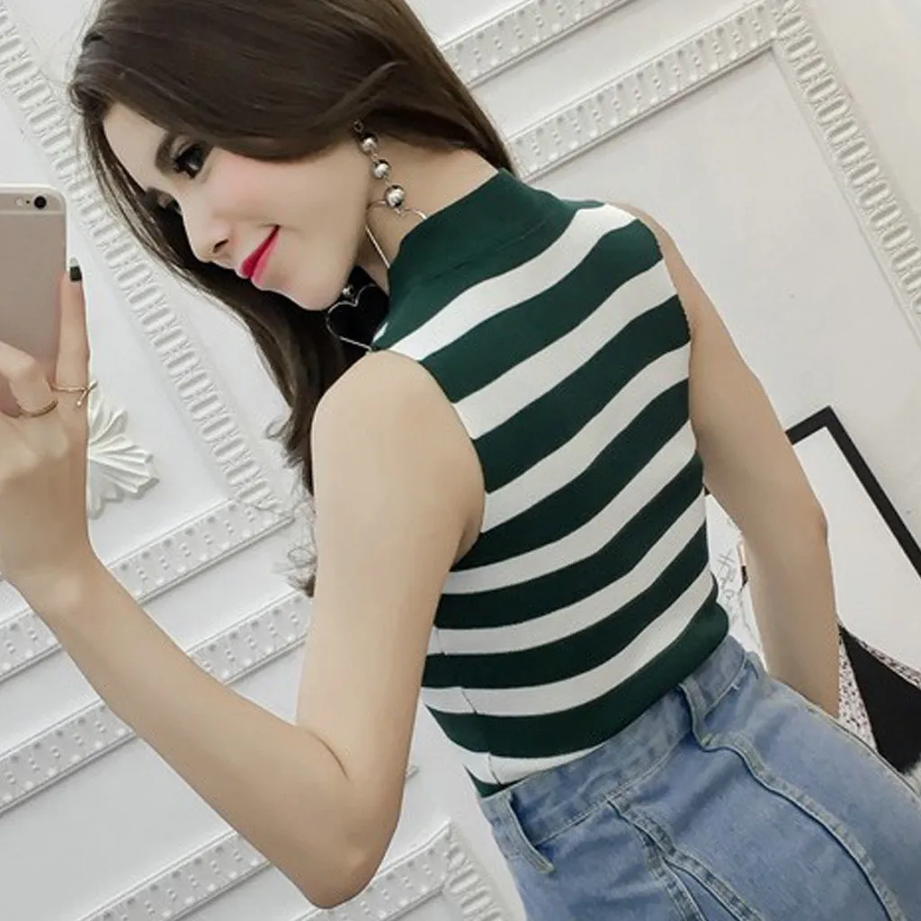 Женская футболка в полоску Вязанная без рукавов майка летняя тонкая топы Camiseta Mujer