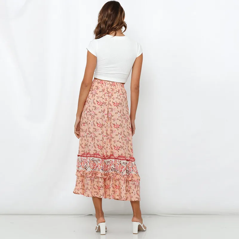 

Summer Fashion Bohemian Women Skirt 2020 Casual Ruffles Print Skirt Elegant Women Loose Skirt