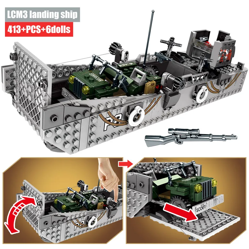 SEMBO 915 шт. WW2 посадочный корабль трейлер строительные блоки Военный танк городская