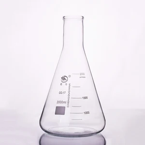 Коническая фляга, узкая горловина с градуировкой, емкость 2000 мл, фляжка Erlenmeyer с нормальной горловиной.