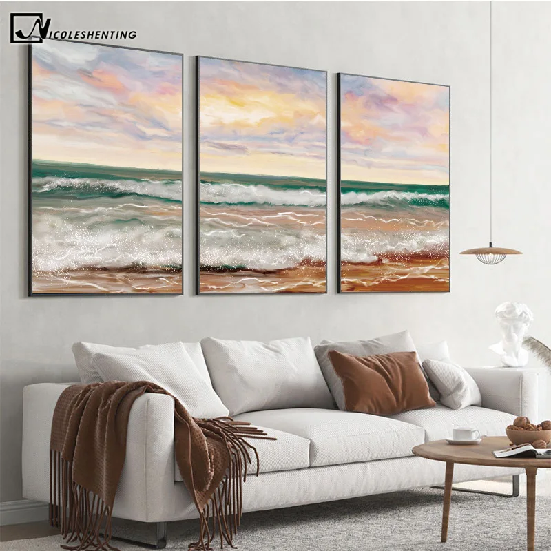 

HD Print Sea Beach Waves Sunset Poster Landscape Sunrise Art Painting on the Wall Abstract Picture Living Room Office Decoration