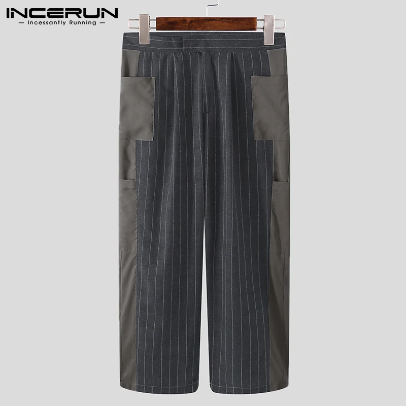 

INCERUN 2021 Мужские штаны для бега корейский Стиль уличная одежда свободного кроя в полоску в стиле пэчворк штаны с карманами модные Pantalones Hombre ...