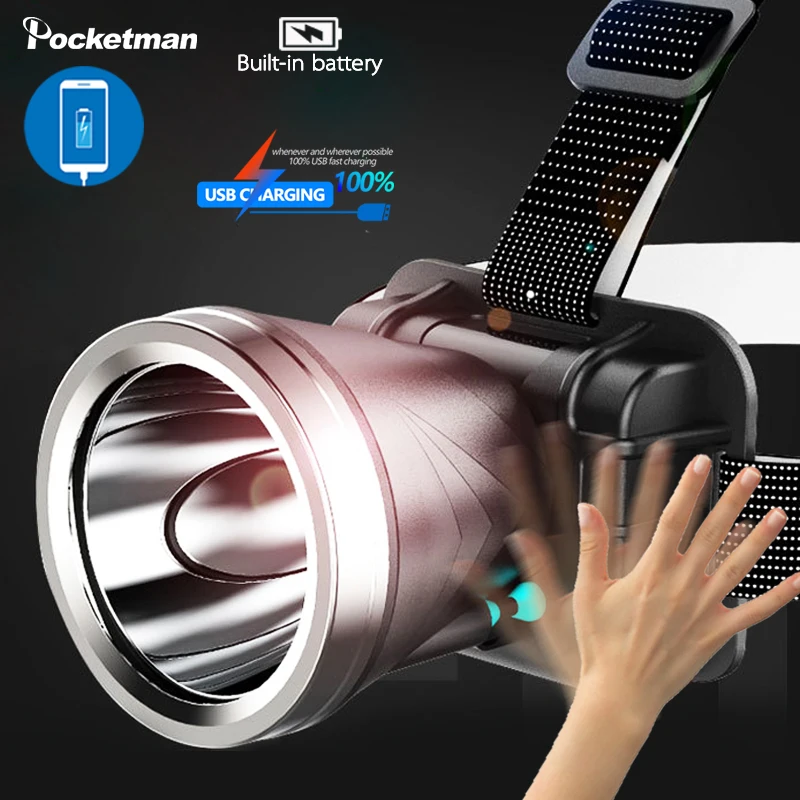 60 000LM Strong Lighting LED USB Rechargeable Headlamp With Built-in 18650 Battery Motion Sensor Headlight For Cycling Camping | Лампы и
