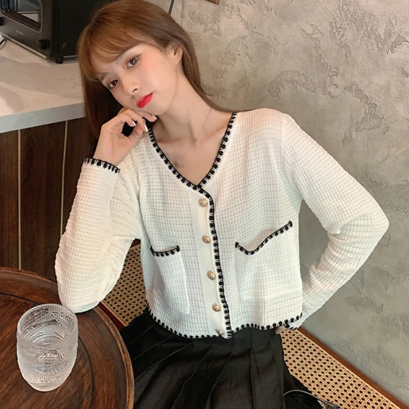 

Autumn Spring Women Cardigan Long Sleeve Ladies Temperament Short Knitted Top Thin Coat Buttom Cardigan Female Girl Casual