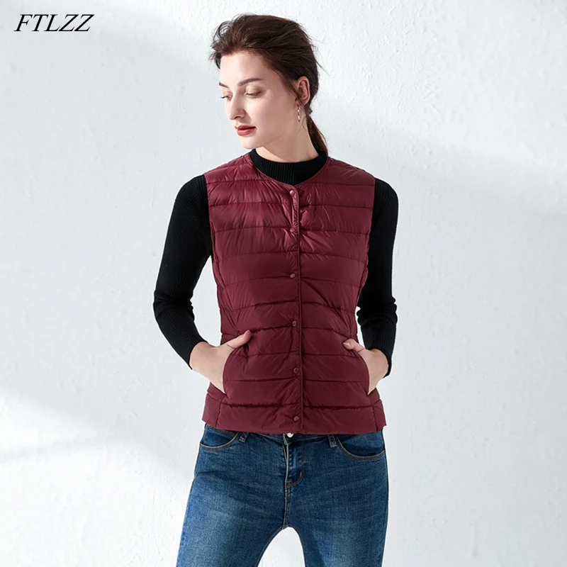 

FTLZZ Ultra Light Duck Down Vest Women White Duck Down Sleeveless Coat Female Warm Solid Single Breasted Color Waistcoat Outwear