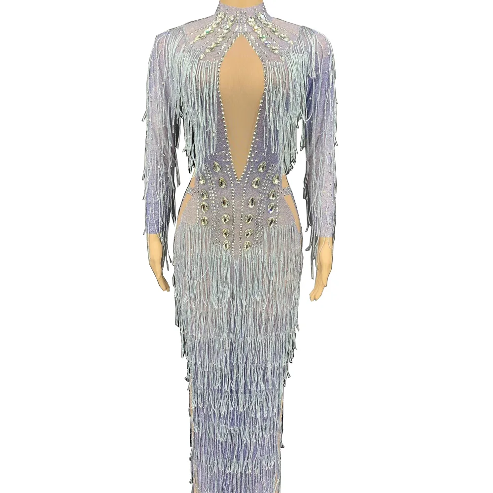 

Блестящее женское платье стразы с разрезом, асимметричное платье в пол с длинными бахромой, костюмы для ночного клуба, Женская сценическая ...