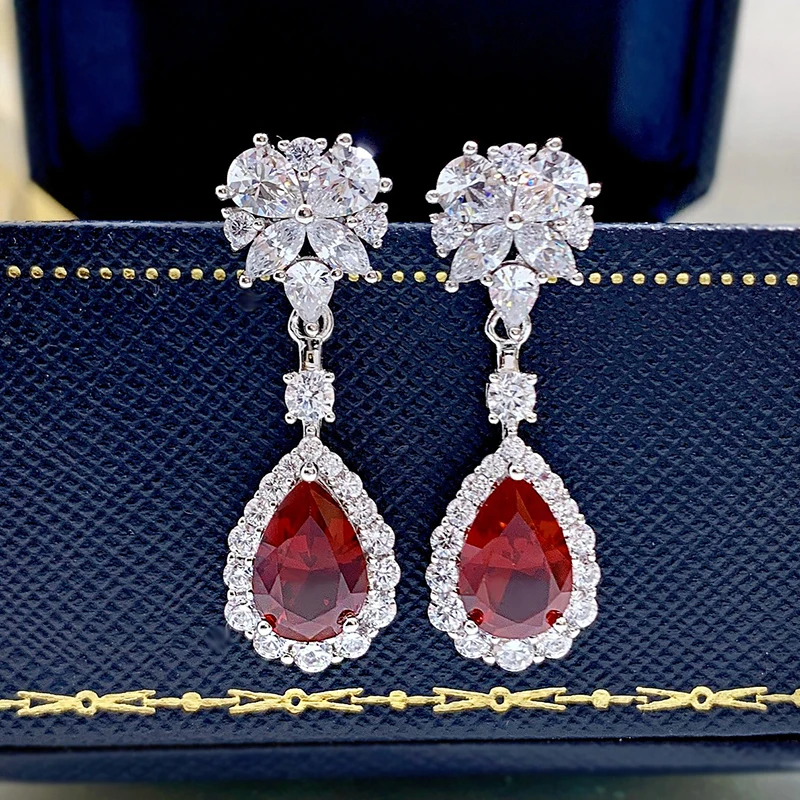 

100% S925 Sterling Silver 7*10mm Simulated Ruby Sparkling Full Diamonds Drop Earrings For Women Wedding Party Fine Jewelry