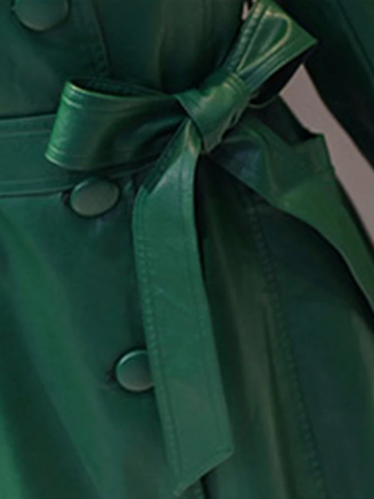 

Lautaro Autumn Long Red Green Black Buttons Up Leather Trench Coat for Women Belt Single Breasted Elegant Luxury Fashion 2021