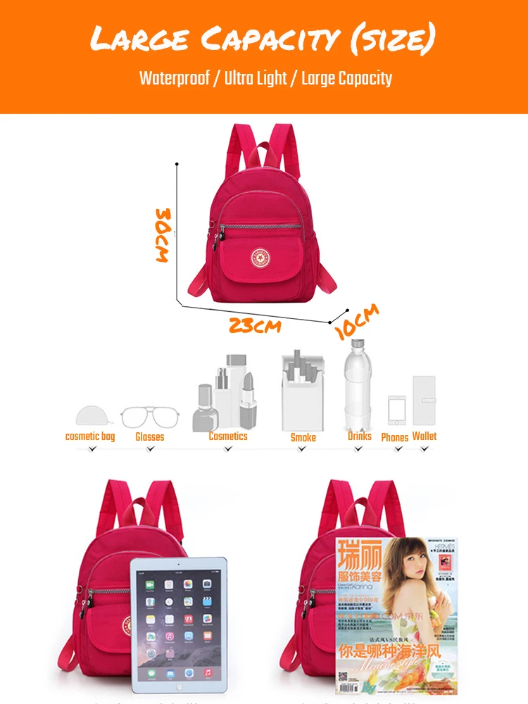 

Waterproof Mini Backpack Women Purse Nylon Shoulder Rucksack Small Travel Bag Adjustable Dual Straps Multi Pockets with 7 Colors