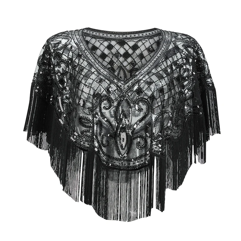 Tonval Vintage Sequin 1920s Flapper Fringe Beaded Luxury Shawl Women Cover Up Party Elegant Mesh Wraps Ponchos and Capes