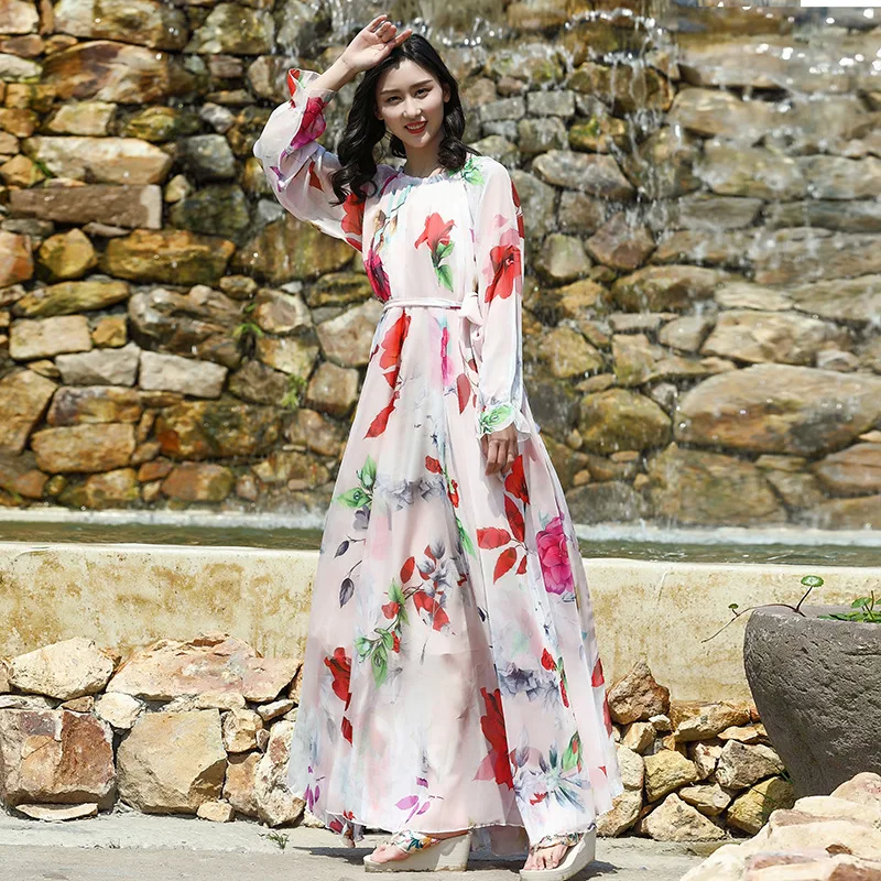 

Размера плюс с длинным рукавом шифоновое платье для женщин макси летнее пляжное платье шифон Платье с цветочным узором