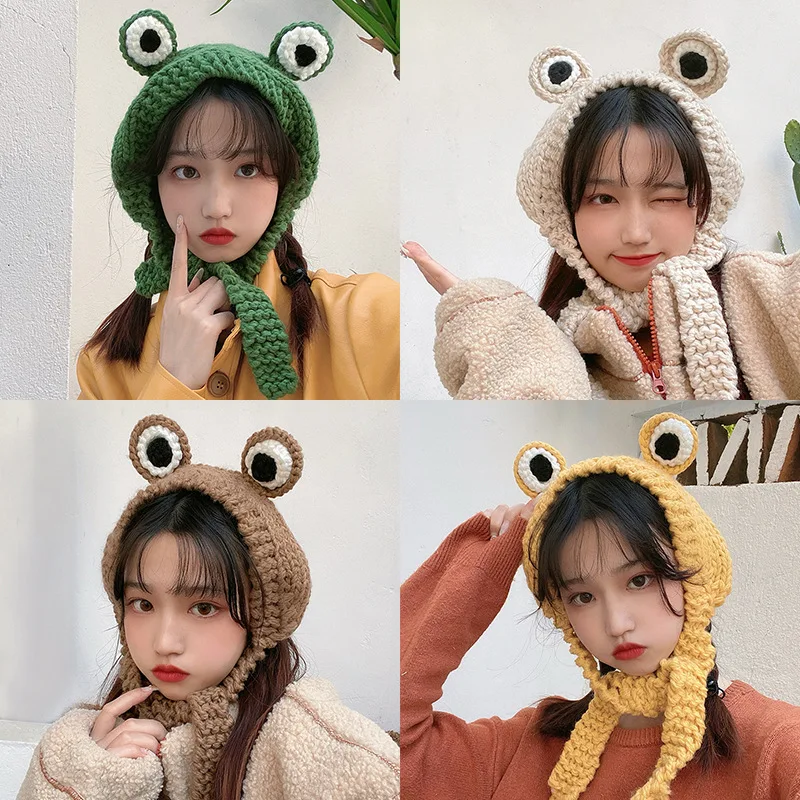 Autumn and winter 2021 new women's frog hat female knitting wool cute cap net red sweet Korean hair headgear out headgear warm