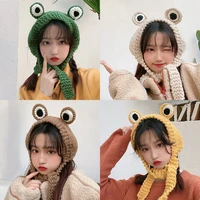 autumn and winter 2021 new womens frog hat female knitting wool cute cap net red sweet korean hair headgear out headgear warm