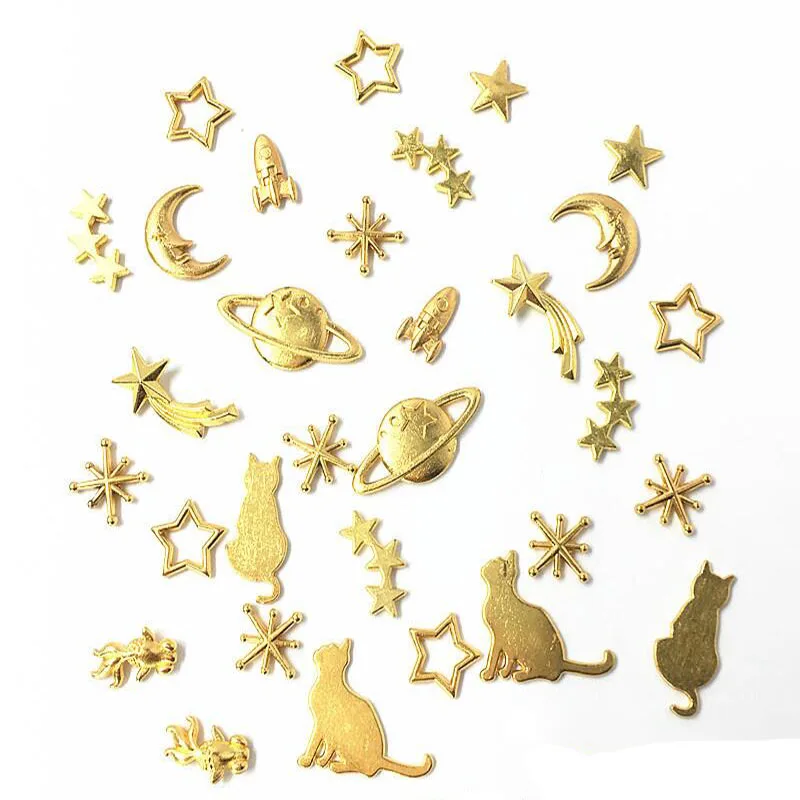 

10Pcs Gold Nail Piercing Designer Charms Unique Designs Nail Planet Cats Rhinestones Nails Accessories For DIY Manicure 3D Craft