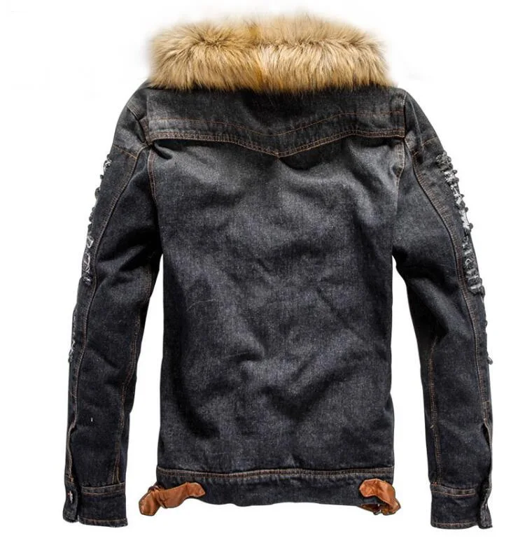 Men Winter Warm Jacket Denim Coat Hooded Warm Denim Parkas Male Overcoat Washed Hooded Fur Collar Winter Warm Jean Outwear