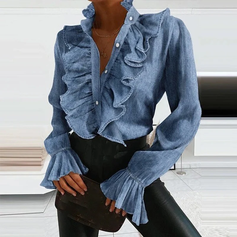 

Однотонная рубашка в горошек с оборками, женский свободный повседневный летний топ с длинным рукавом в стиле ретро, Модная элегантная рубаш...