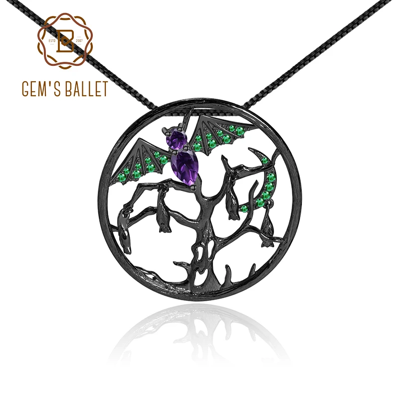 GEM'S BALLET Halloween Vampire Pendant Natural Amethyst 925 Sterling Silver Handmade Bat Necklace For Women Fine Jewelry | Украшения и