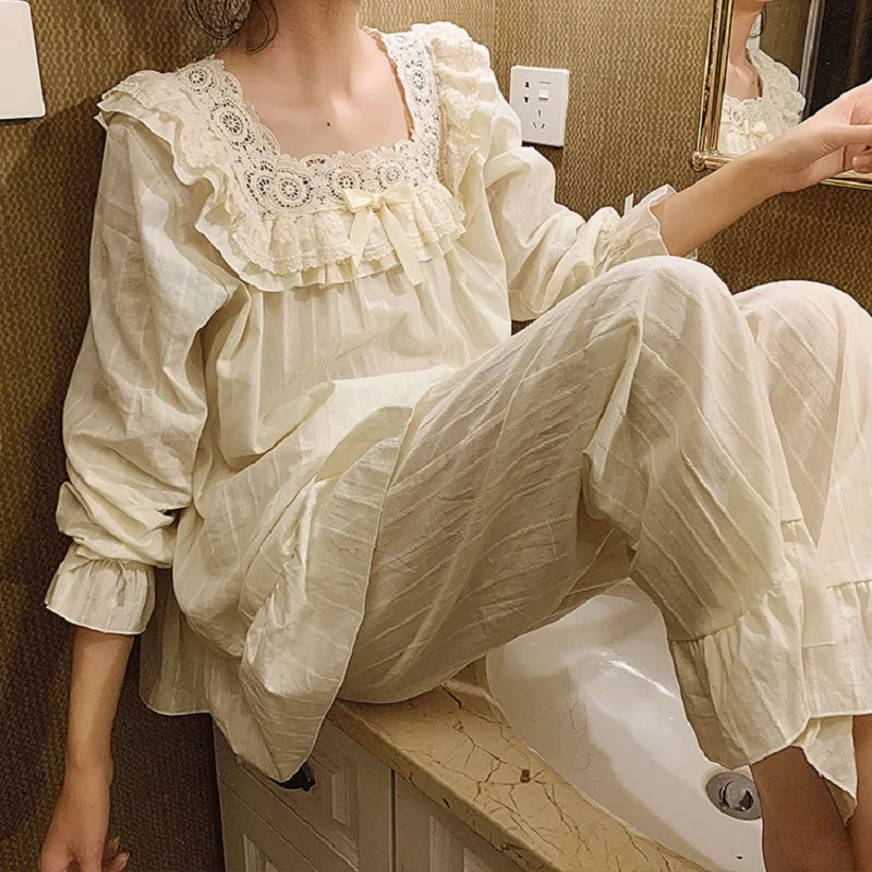 

Vintage Embroidery Women's Pajamas Sets Sweet Female White Comfortable Soft Cotton Pyjamas Long Sleeve Sleepwear Suits