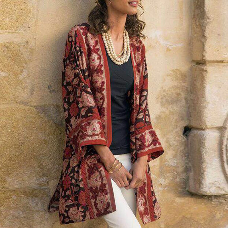 

Women Vintage Floral Print Open Stitch Coat Autumn Elegant V Neck Covered Button Jacket Casual Wide-waisted Female Long Cardigan