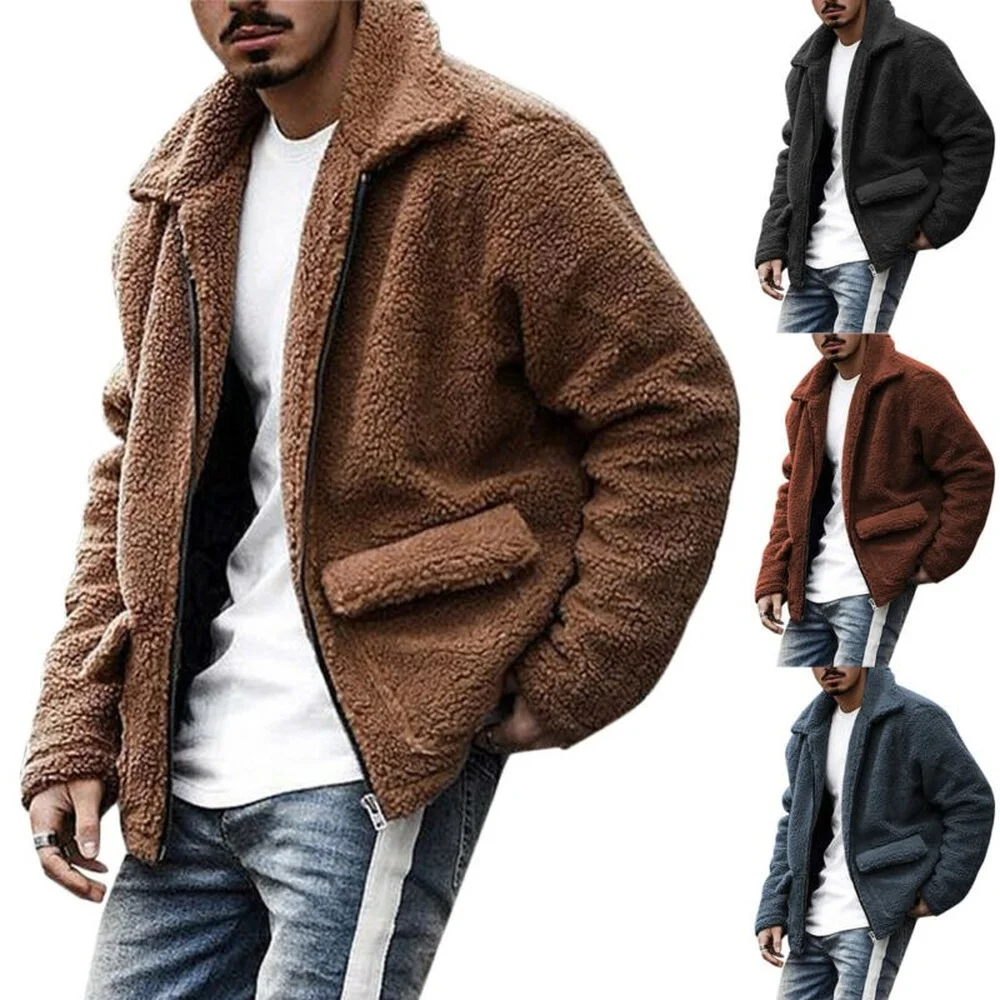 

Men Thick Warm Fleece Coat Jacket Winter Casual Teddy Bear Zip Outwear Overcoat