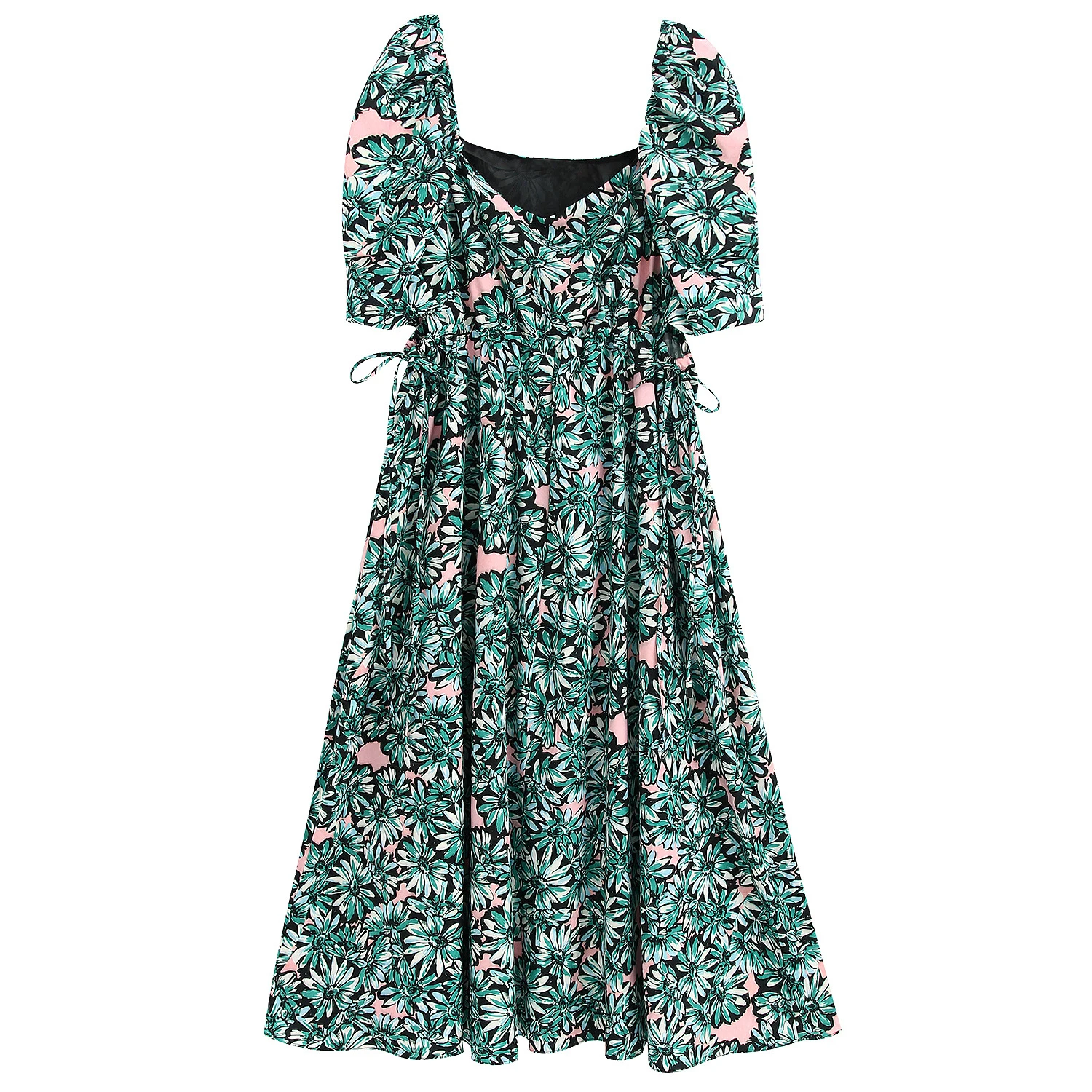 TEELYNN puff sleeve long summer dresses 2020 vintage green floral print Drawstring waist elegant party women vestidos | Женская одежда