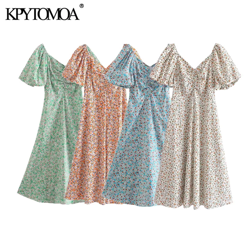 

Платье миди KPYTOMOA женское Плиссированное, элегантное модное винтажное с цветочным принтом, с V-образным вырезом, с пышными рукавами, 2021