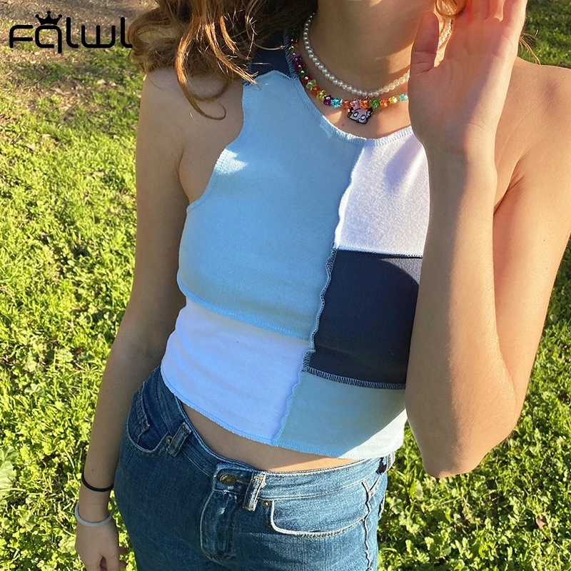 FQLWL летние женские модные укороченные топы с круглым вырезом 2021 синий белый