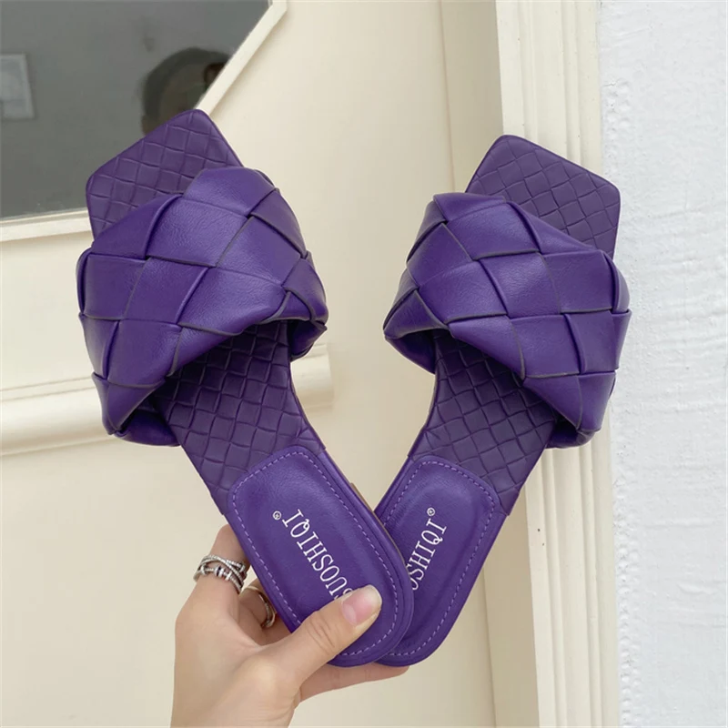 Женские шлепанцы из плетеной кожи синие или фиолетовые повседневные с открытым
