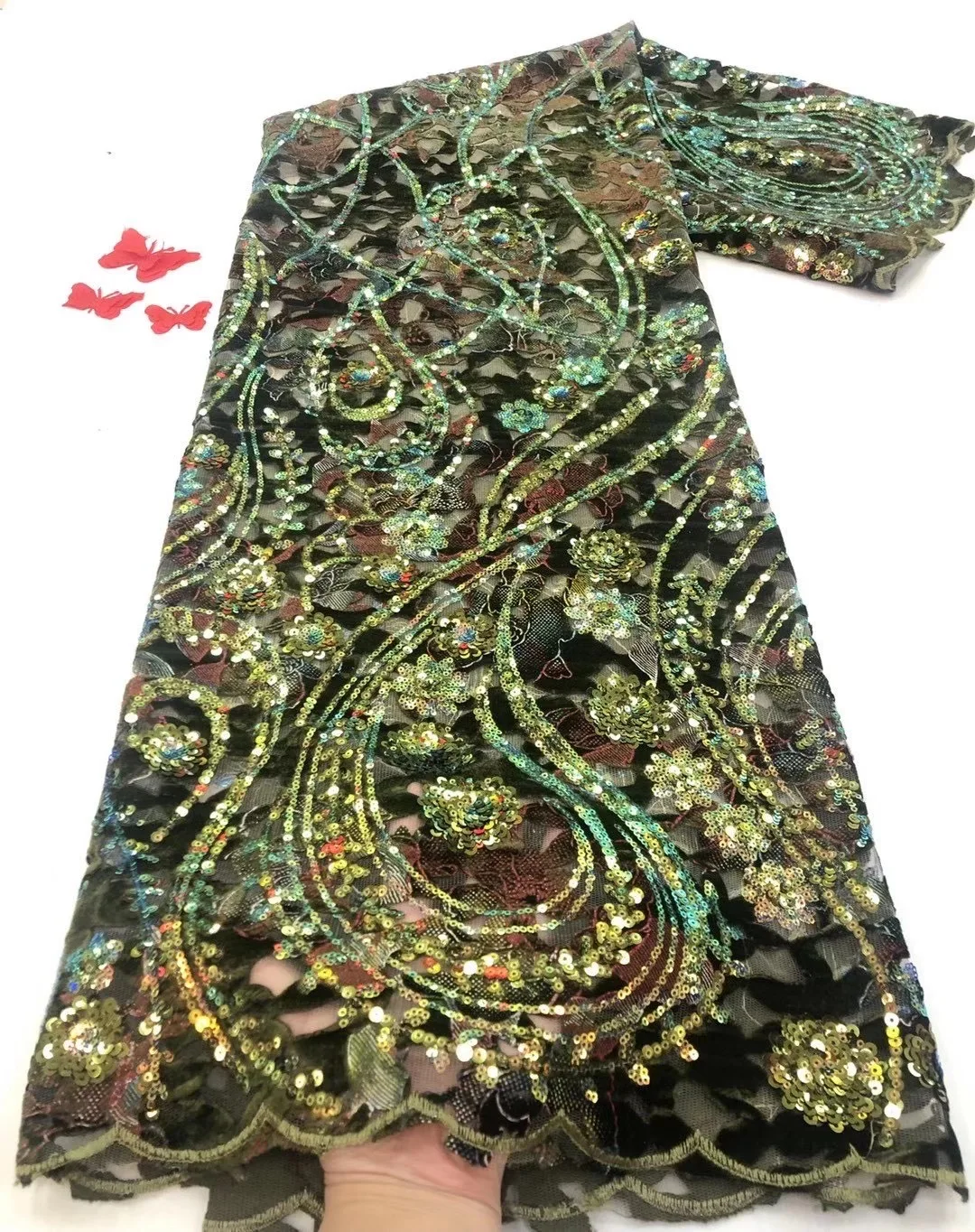 

2021 Нигерия, бархатная кружевная ткань, Высококачественная африканская сетчатая кружевная ткань с блестками, французская кружевная ткань, прошитая D4539