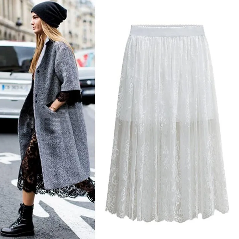 

2021 NEW Spring Summer Women Elegant Floral Lace skirts,black white skirts,long lace skirts