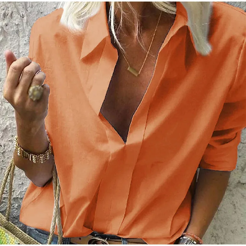 solid orange Весенняя женская блузка для отдыха, топы, женские офисные блузки с цепным принтом, женские стильные блузки с длинным рукавом, женские 5XL - Цвет: solid orange
