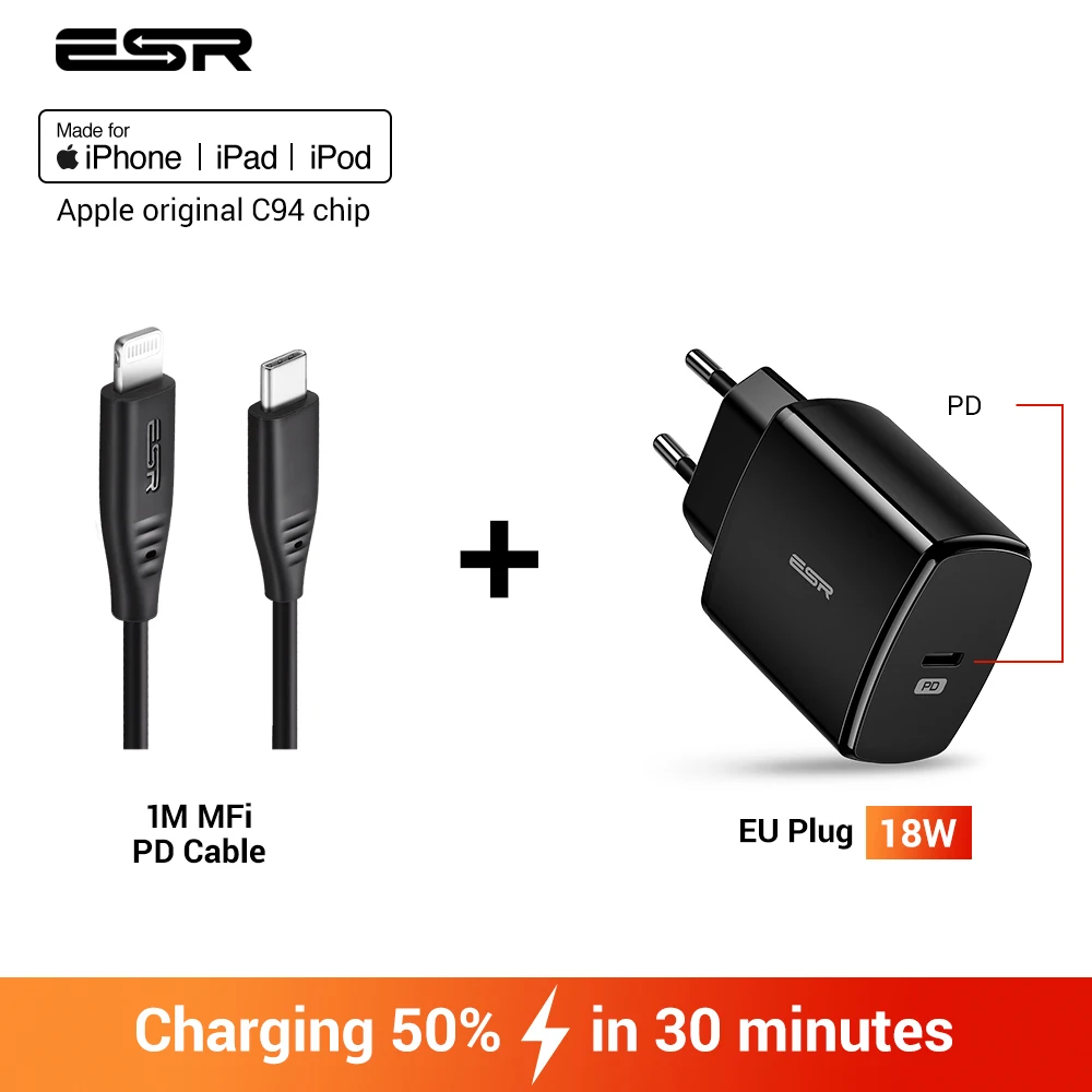 EU Plug and 1M Cable ESR USB C быстрое зарядное устройство 18 Вт с настенной вилкой для путешествий быстрое зарядное устройство type C type-c PD для iPhone 11 X XR XS Max iPad Pro EU US UK - Тип штекера: EU Plug and 1M Cable