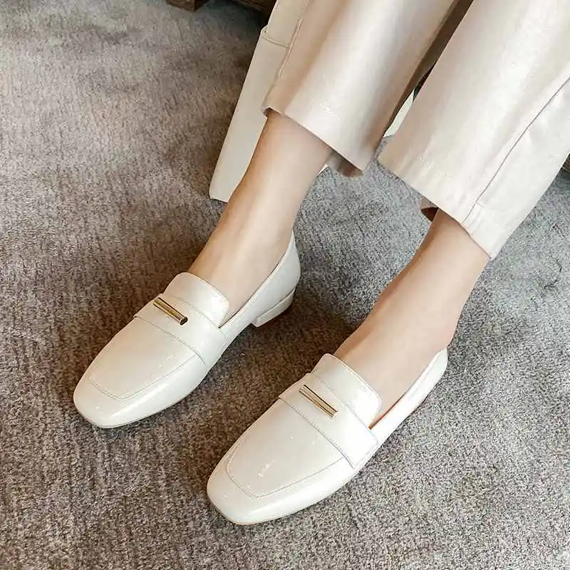 

Krazing pot patent leather metal decorations basic loafers shoes cozy slip on square toe women simple style leisure pumps L33